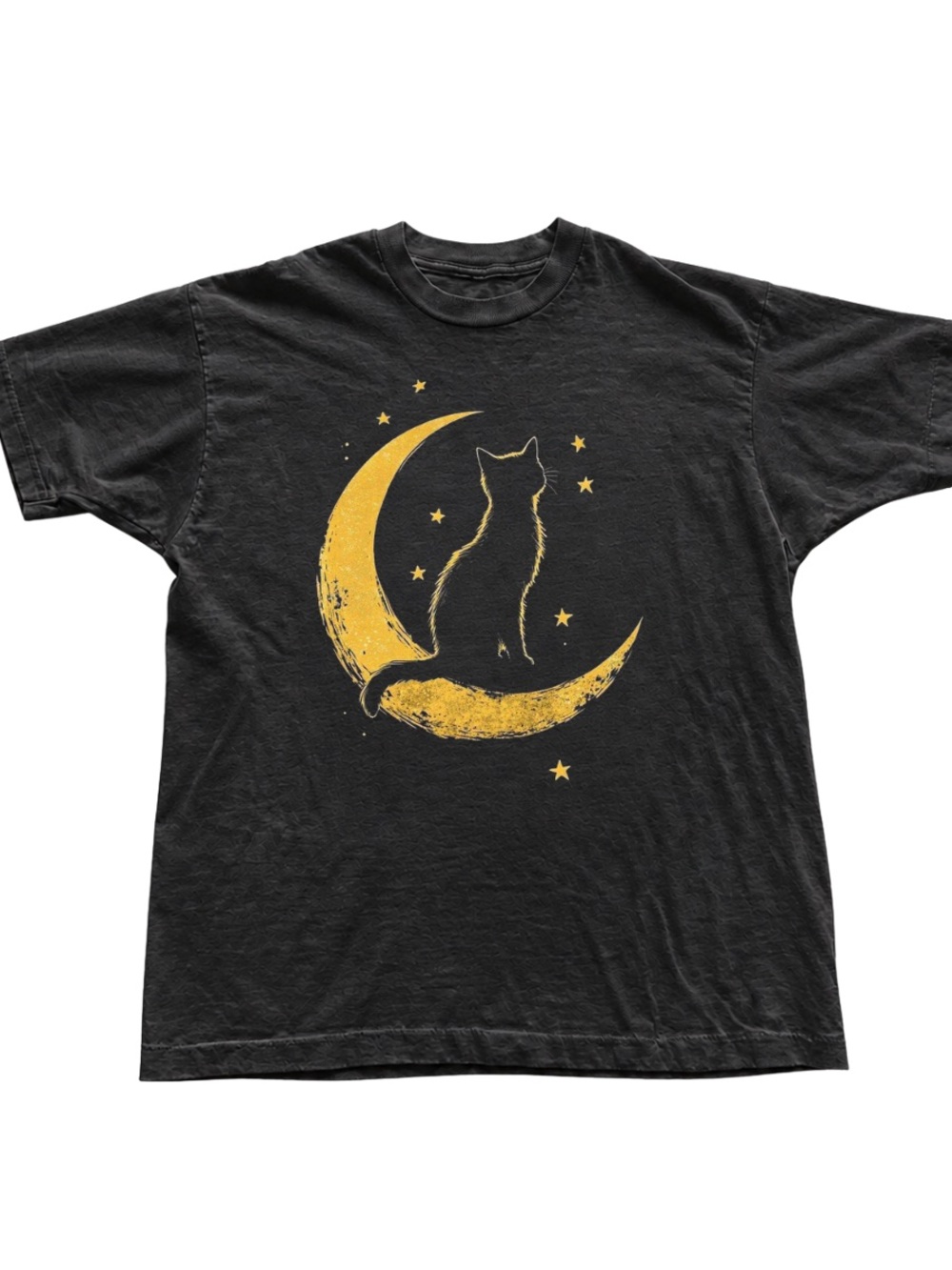 Gildan Black Tee with Gold Cat and Crescent Moon Graphic